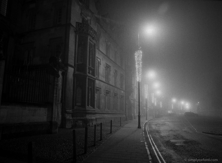 Oxford at night in fog