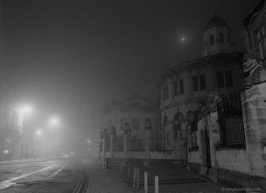 Oxford at night in fog