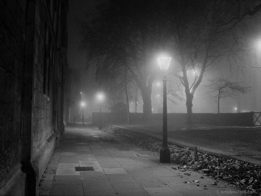 Oxford at night in fog